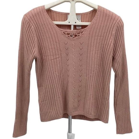 JM Collection Pink Ribbed Knit Crochet Trim Round Neck Long Sleeve Top Large - Picture 1 of 11